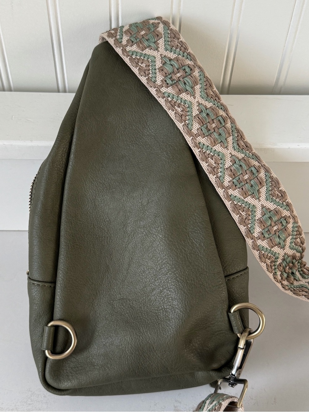 Antik Kraft Olive Green Leather Sling Bag with Patterned Strap - Picture 4 of 5
